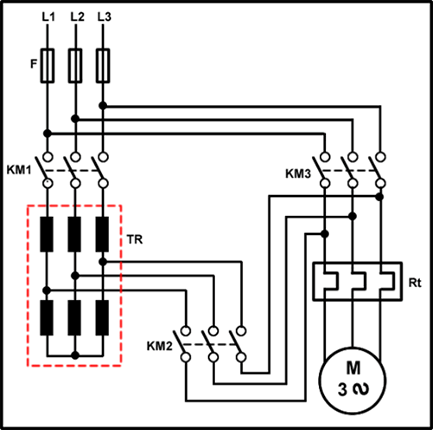 esquema de potencia de arranque motor con autotransformador